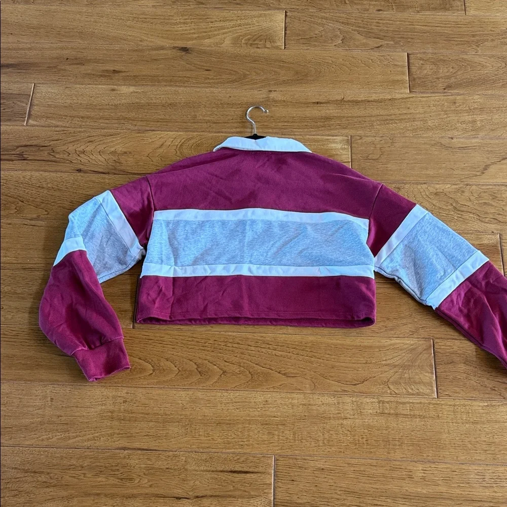 Superdown Julet Cropped Rugby Polo Top in Burgundy, Gray & White - Picture 6 of 9